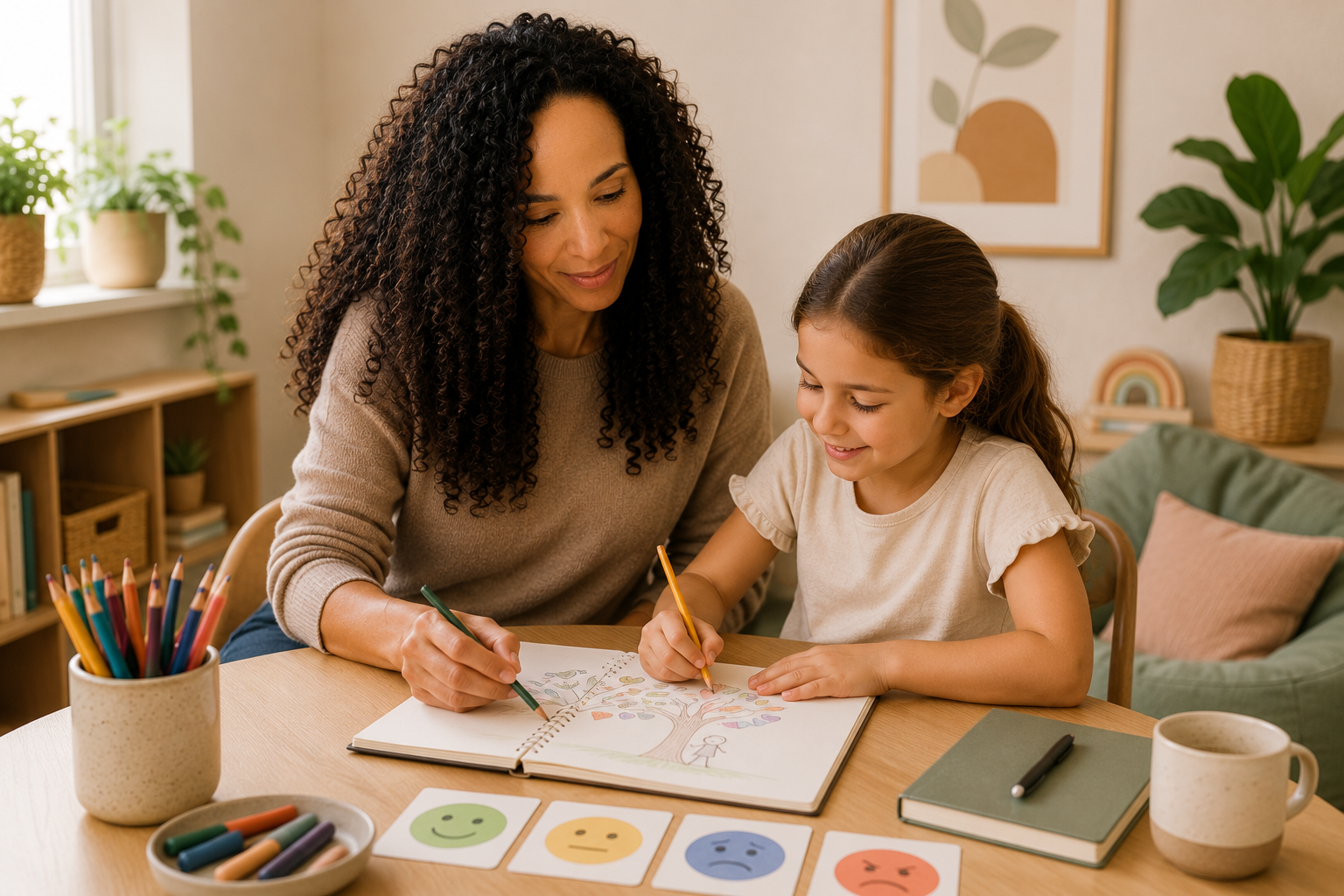 Aisha and child using creative emotional literacy tools at a table