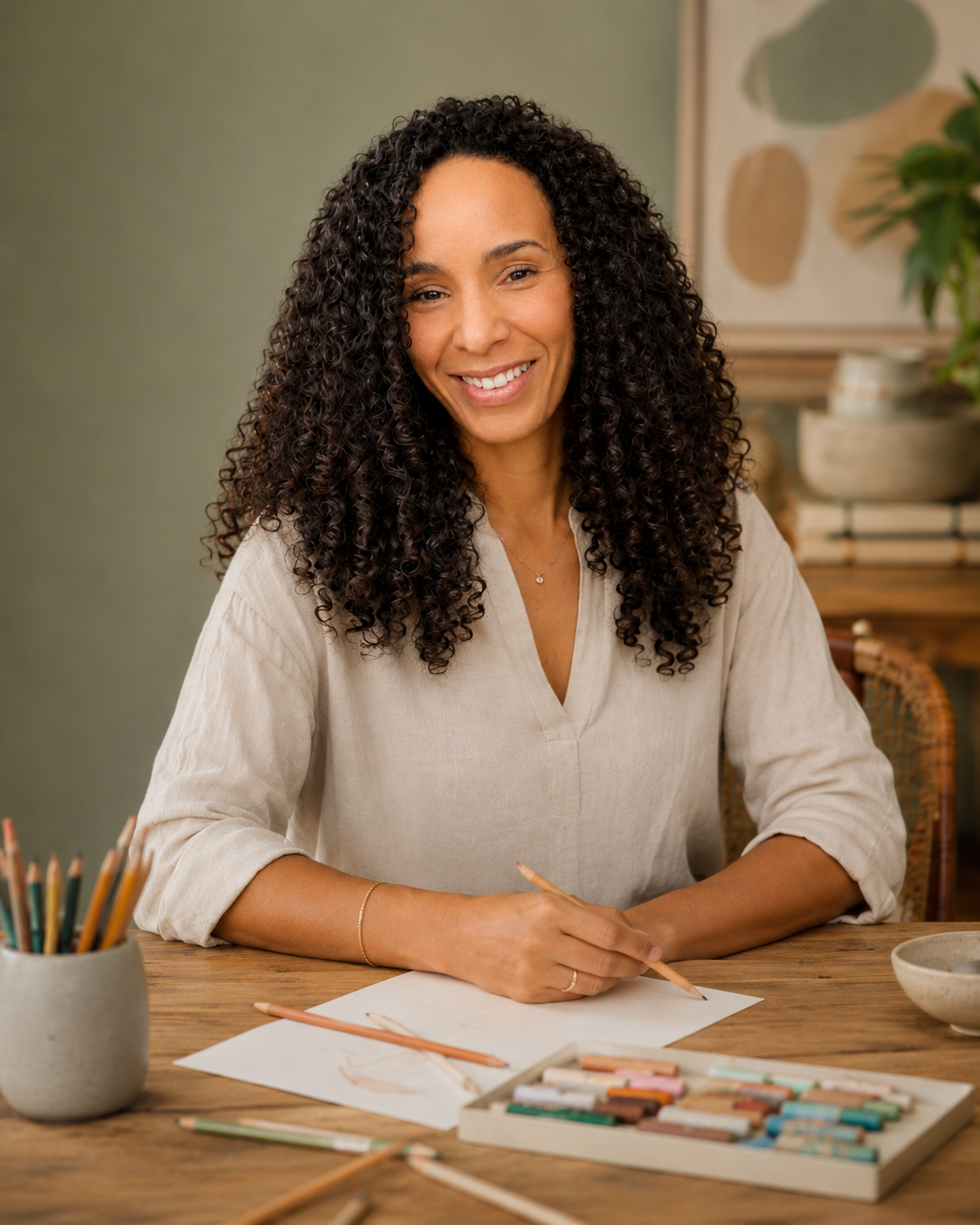 Aisha guiding a creative toolkit activity at a table