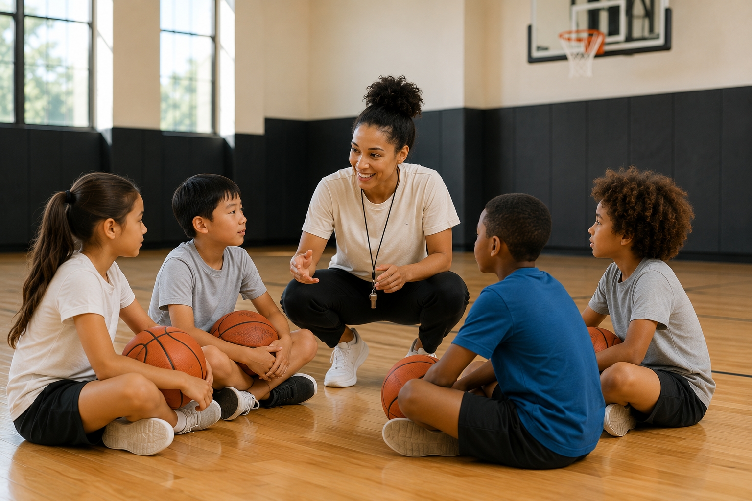 Children and coach in a movement-based basketball circle