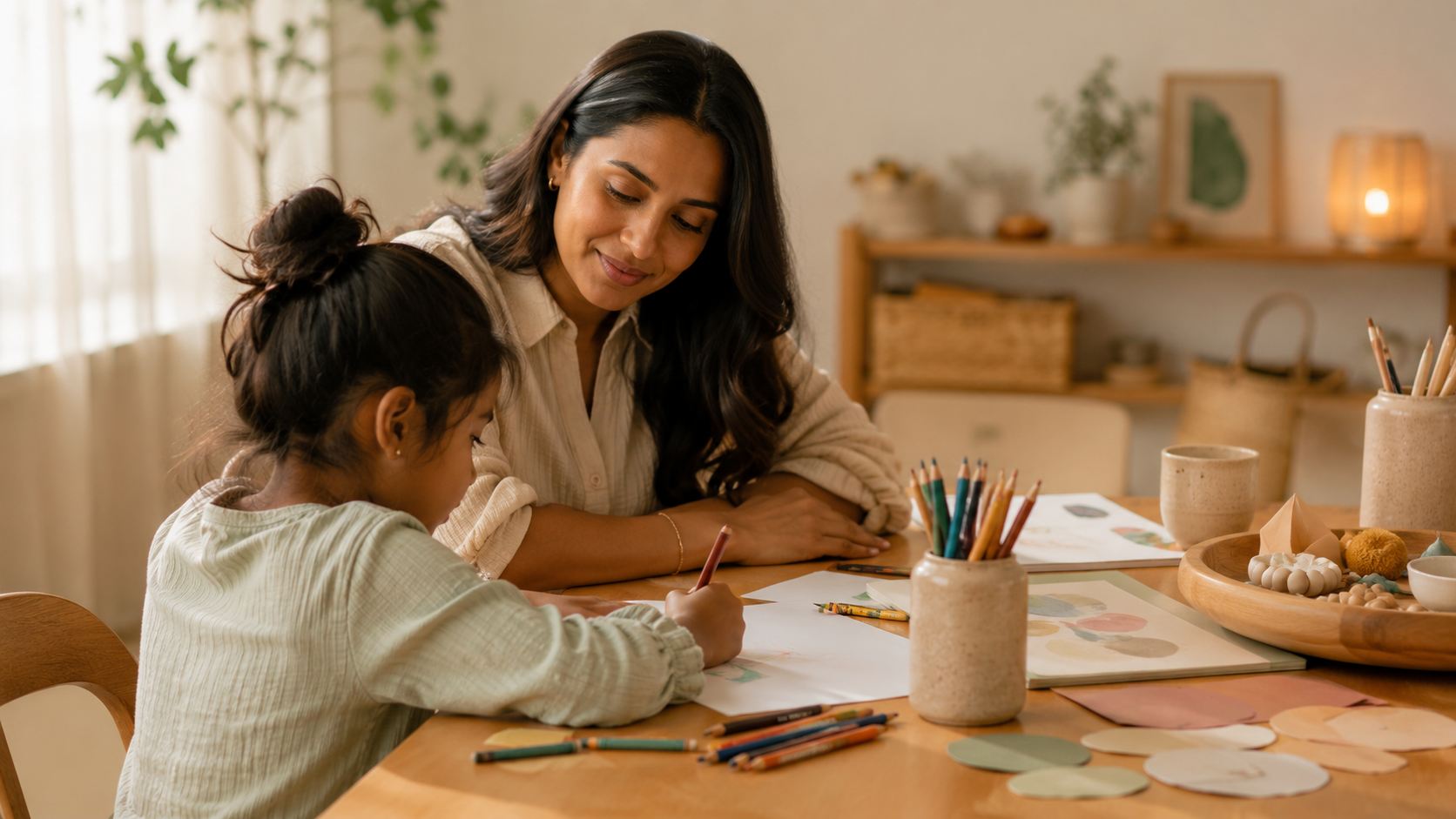 Parent and child sharing a creative moment at home