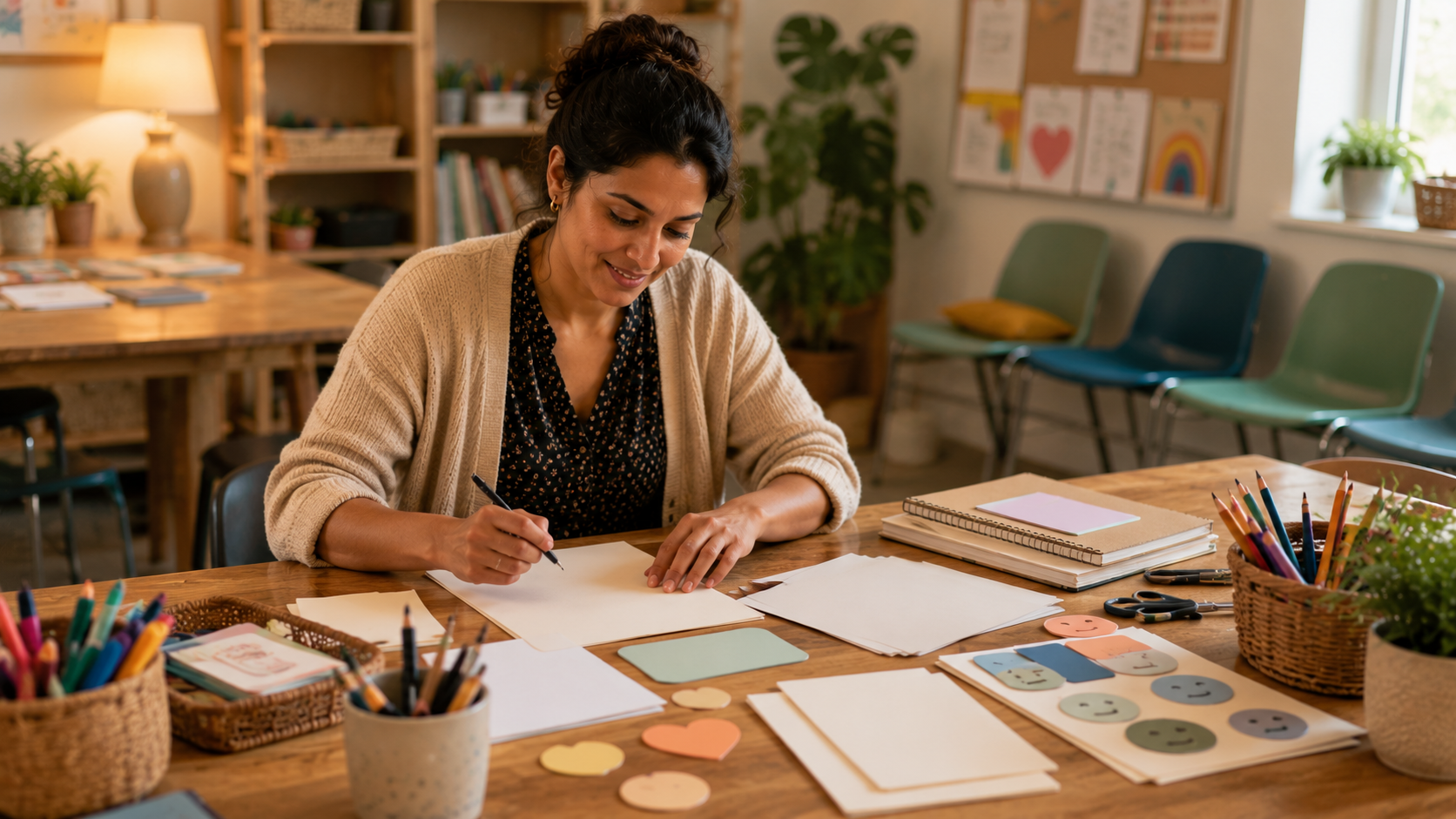 Educator preparing creative resources for children